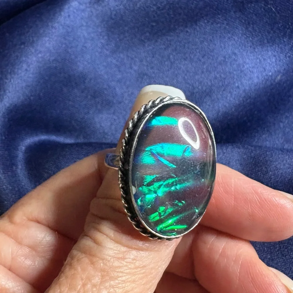 😎🌺Ring Dichroic Glass Stone Silver Blue Green Flash Statement - Picture 5 of 9